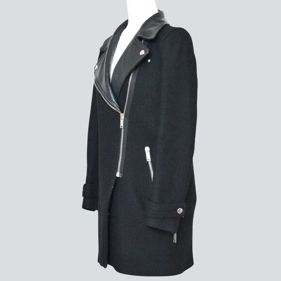 ZARA Wool-Blend with a Lambskin Leather Asymmetric Moto/Biker Coat Size S - Picture 2 of 8